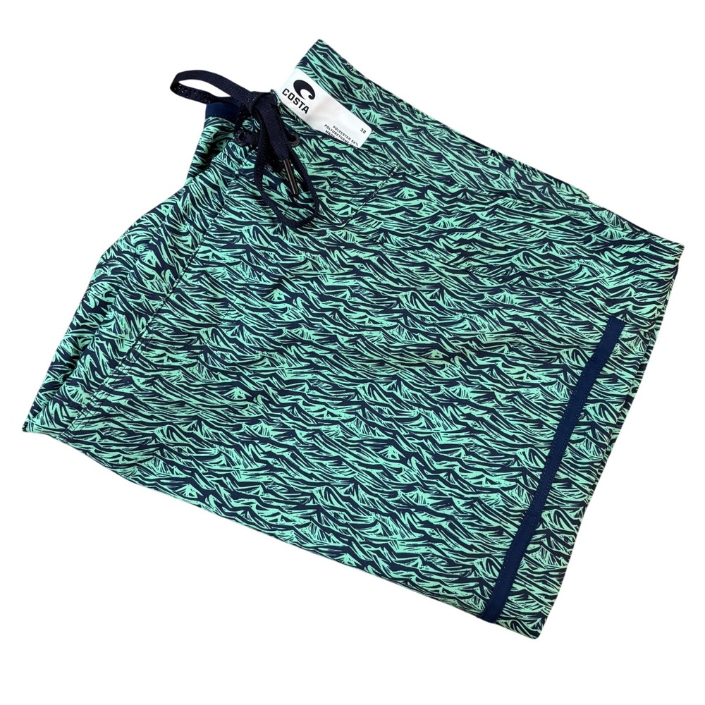 COSTA Board Shorts Mens 38 Green Wave Pattern Performance‎ Swim Surf Trunks
